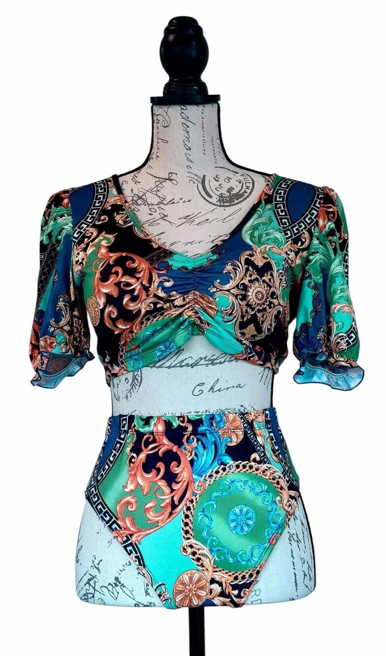 Love 83 Swim Baroque Print Crop Top and High Waisted Bikini Set Medium
